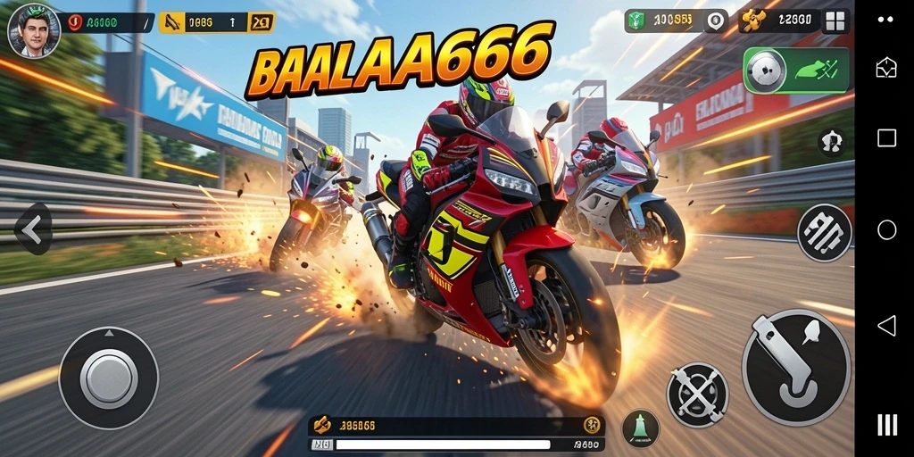 Tangkapan layar gameplay AA666 yang menunjukkan aksi balapan motor yang intens.