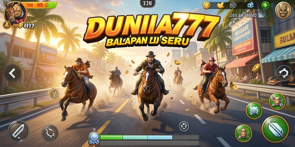 Gameplay mendebarkan dari DUNIA777 saat balapan di jalanan kota.