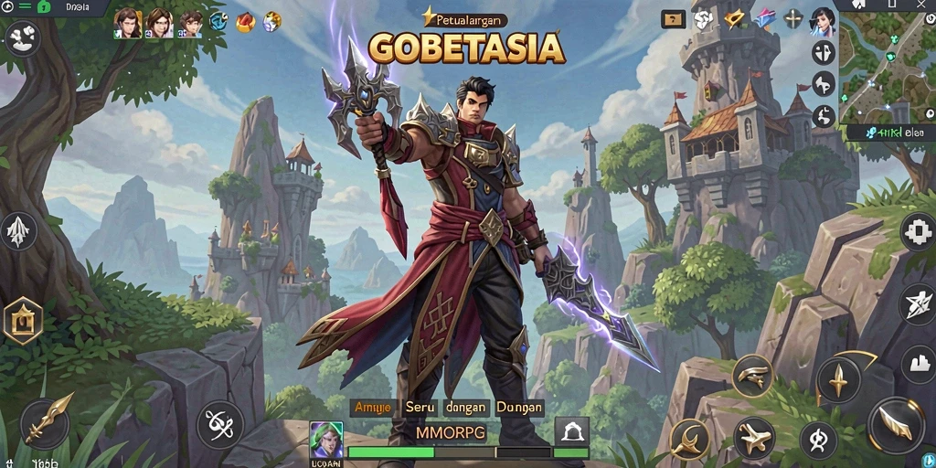 Gameplay GOBETASIA menampilkan pertarungan epik antara karakter dan monster.