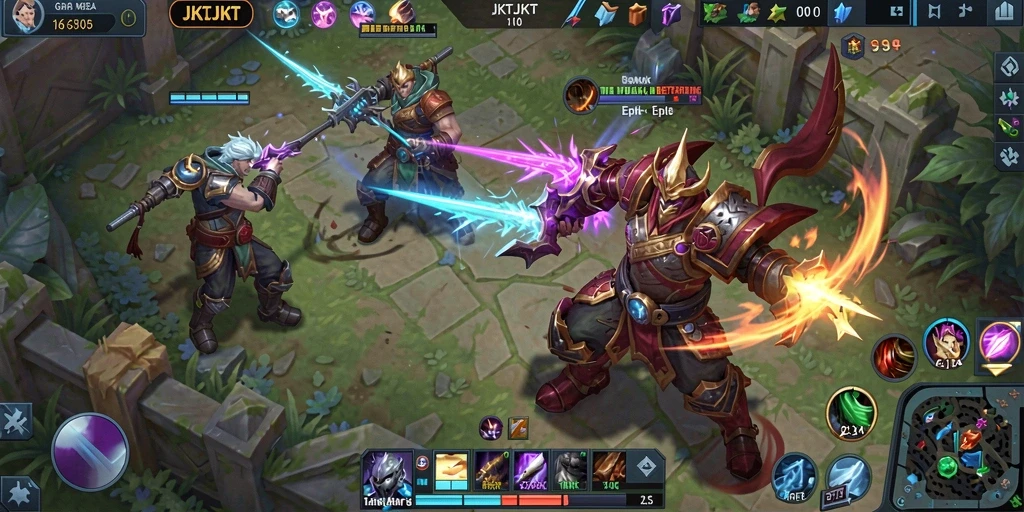 Screenshot dari gameplay JKTJKT yang menampilkan pertarungan seru tim.