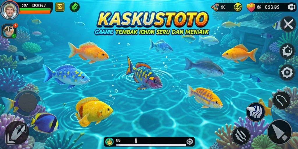 Screenshot KASKUSTOTO menampilkan asyiknya gameplay menembak ikan yang penuh warna.