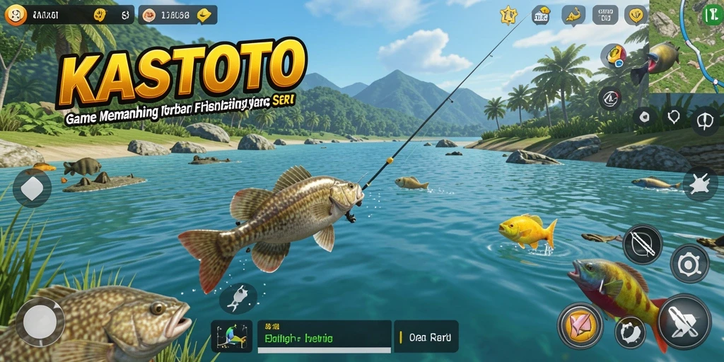 Tampilan gameplay KASTOTO dengan aksi memancing yang seru dan menantang.
