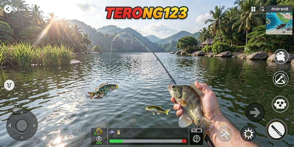 Screenshot gameplay menunjukkan momen menegangkan saat menarik ikan besar.