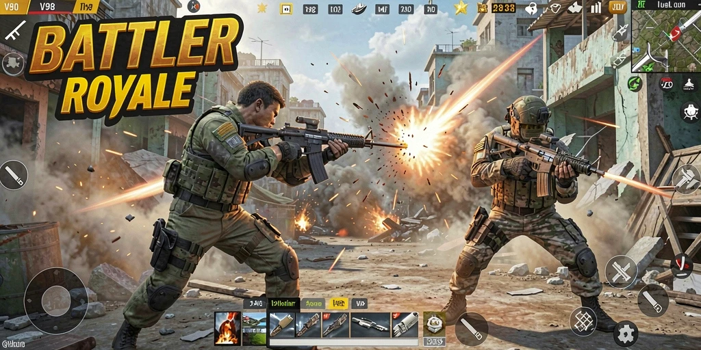 Screenshot V98 menampilkan pertempuran intens dalam dunia Battle Royale.