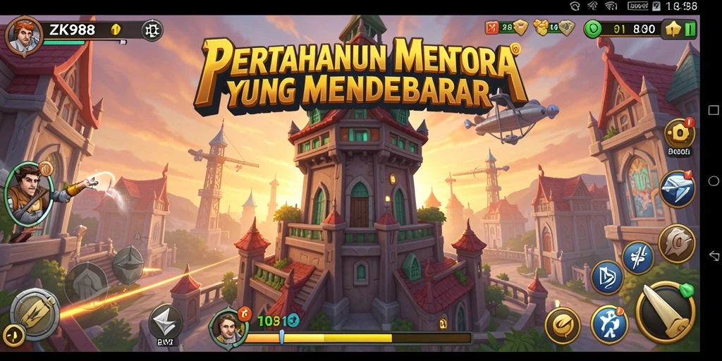 Skrinsyut gameplay <strong>ZK988</strong> menampilkan aksi menara dalam melawan gelombang musuh.